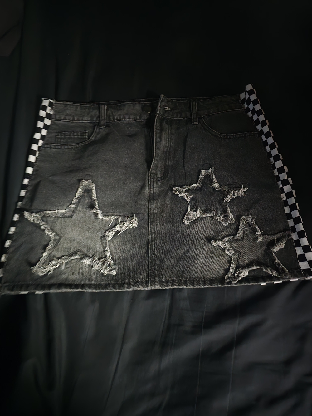 Hot Topic Black Denim Midi Skirt with Checkerboard Side Panels and Frayed Stars